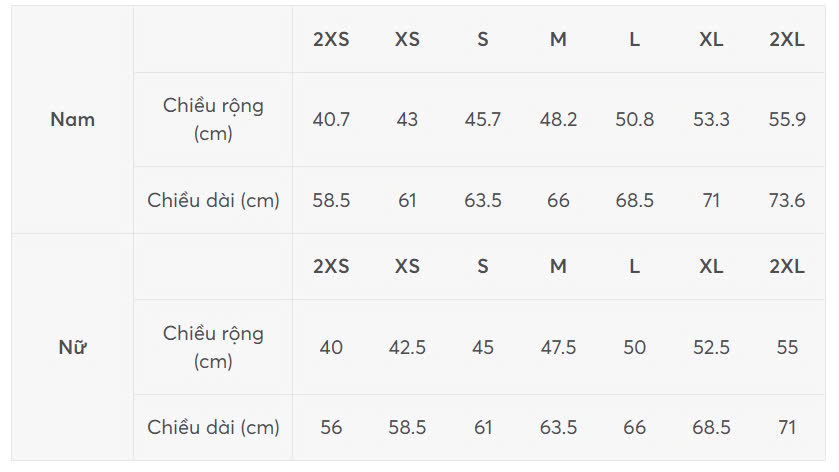 Bảng size áo Vnexpress Nha Trang