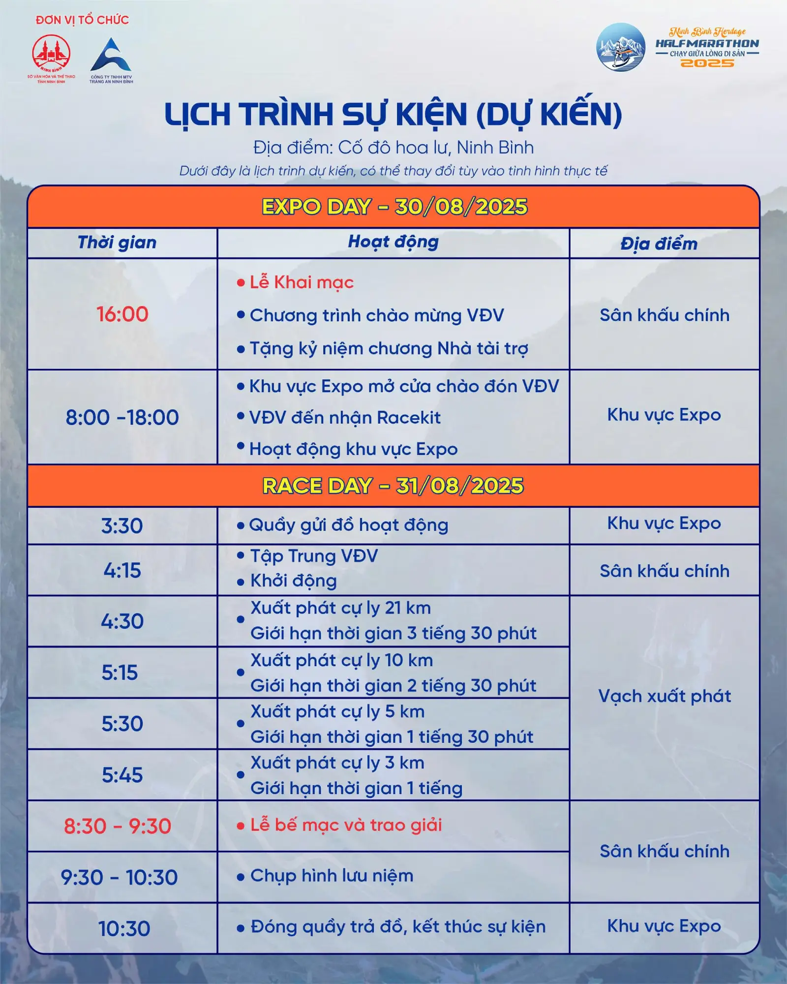 Lịch trình sự kiện Ninh Bình Heritage Half Marathon