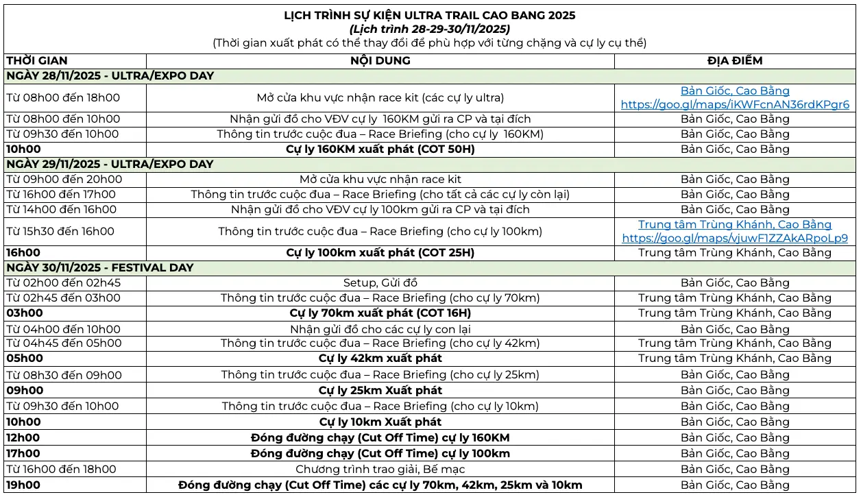 Lịch trình sự kiện Ultra Trail Cao Bằng