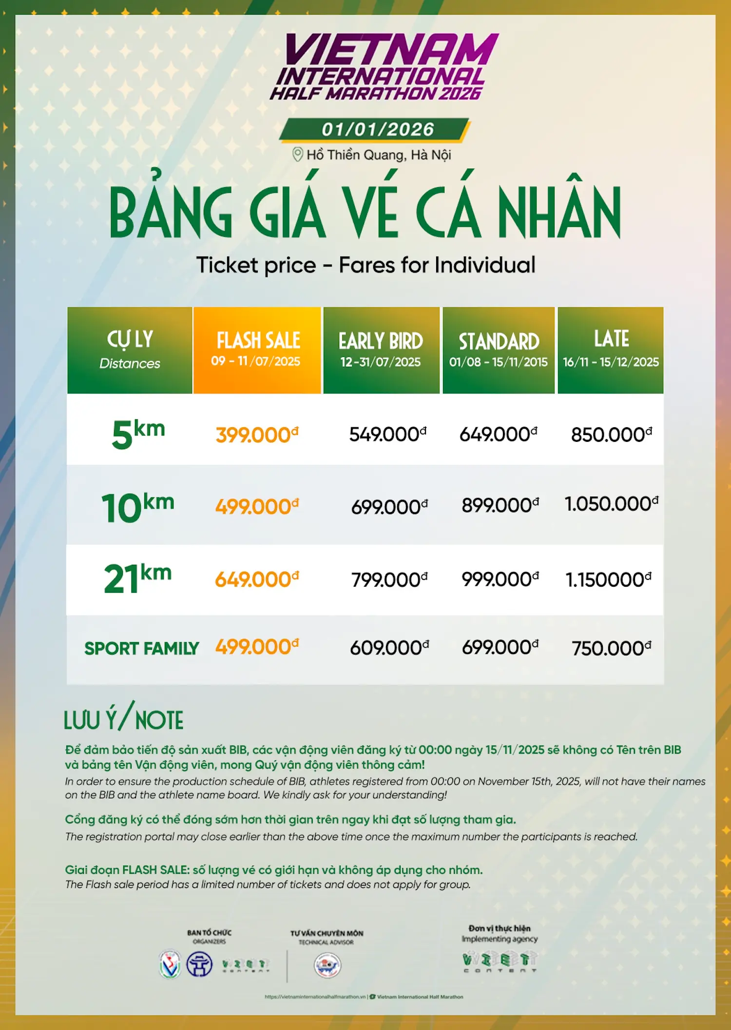 Bảng giá vé Vietnam International Half Marathon